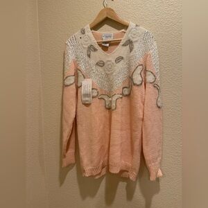 Vintage Christine 80s Pink ivory  Angora Wool Blend Beaded embroidered Sweater